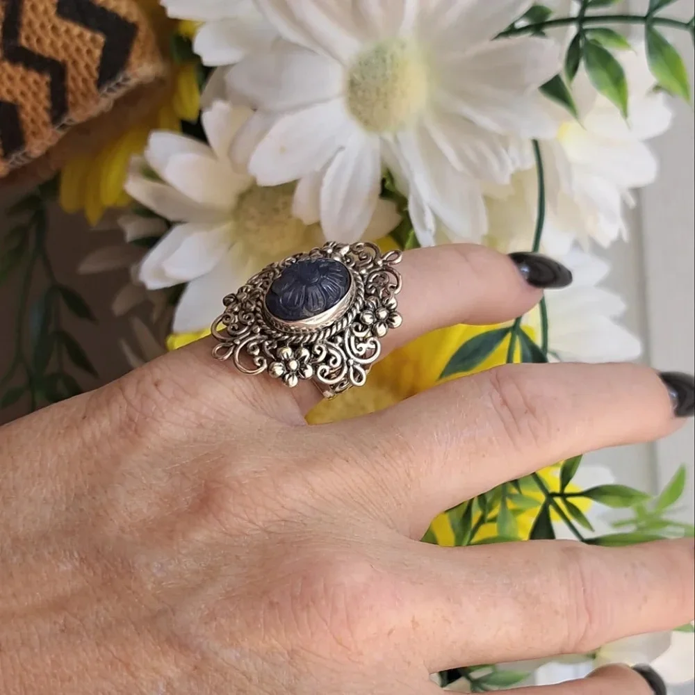 Tanzanite Natural Hand Carved Floral Ring In 925 Sterling Silver.